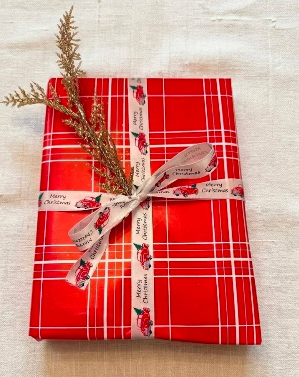 A single gift wrapped in red plaid paper, tied with a Merry Christmas ribbon and a gold glitter sprig.
